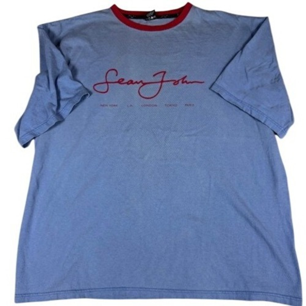 Sean John T-Shirt Mens XXL Blue Red Ringer Script Logo Graphic Tee‎ Streetwear